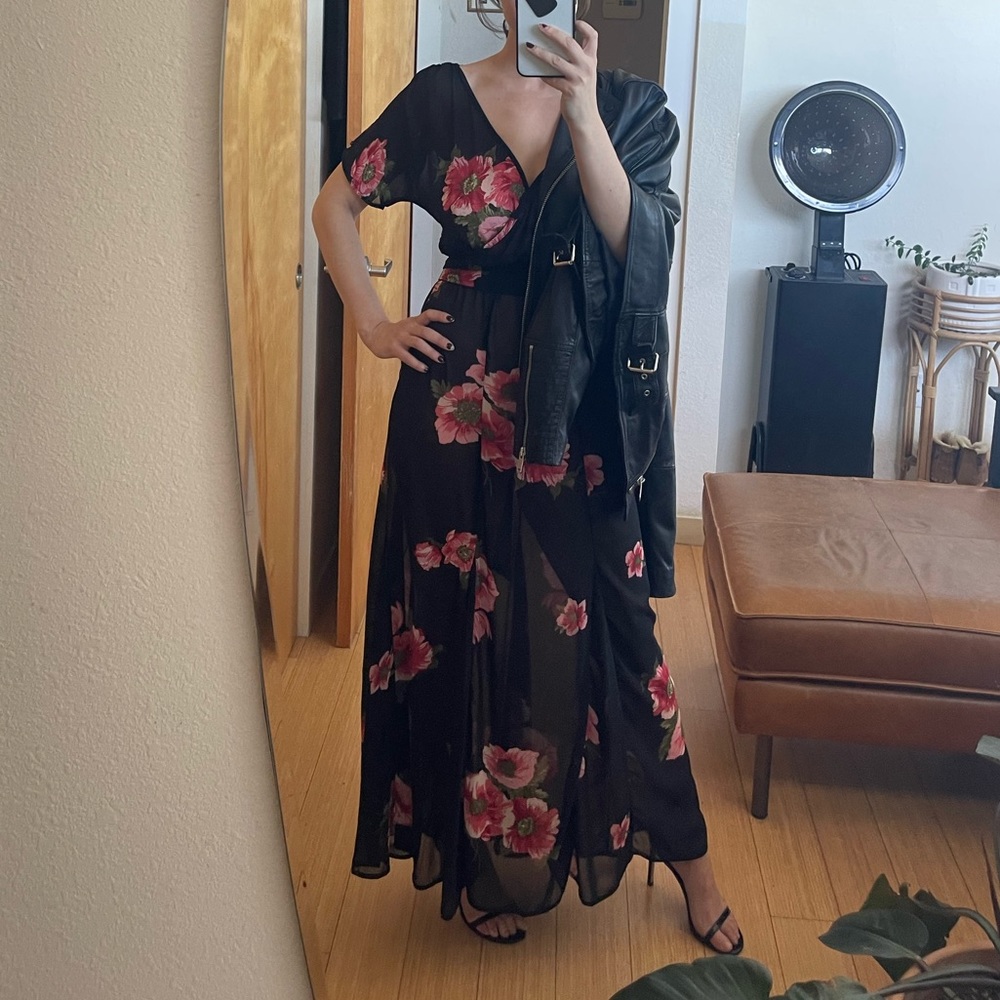 Row A Sheer Maxi Dress with Petal-like Skirt Seams & Floral Print
